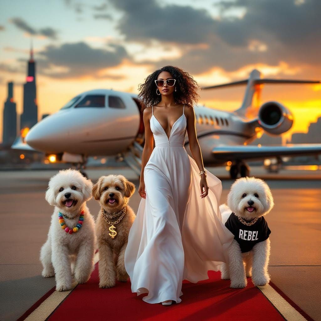 Glamorous Runway Scene with Woman and Dogs