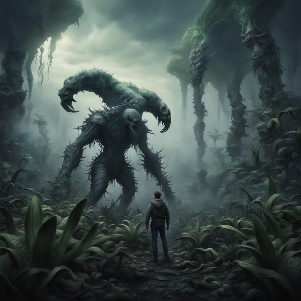 Dark Foggy Forest with Alien Plants and Creature