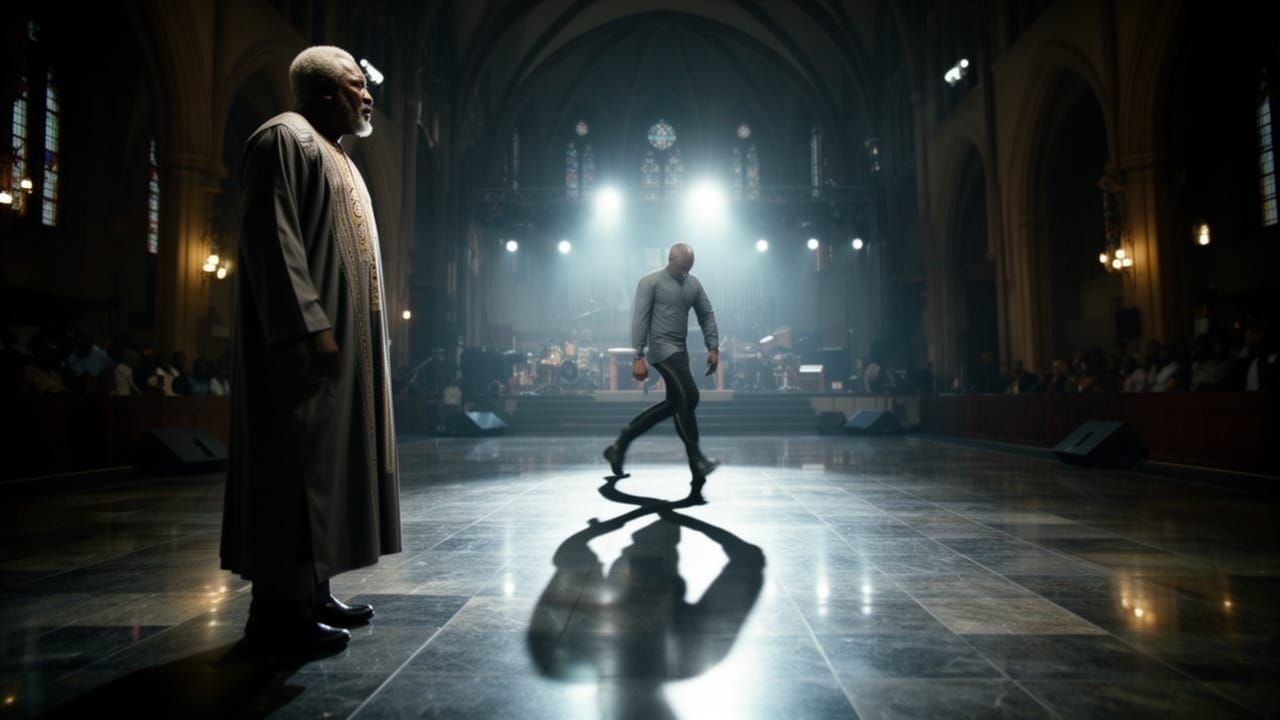 African Megachurch at Night: Mysterious Shadows on Stage