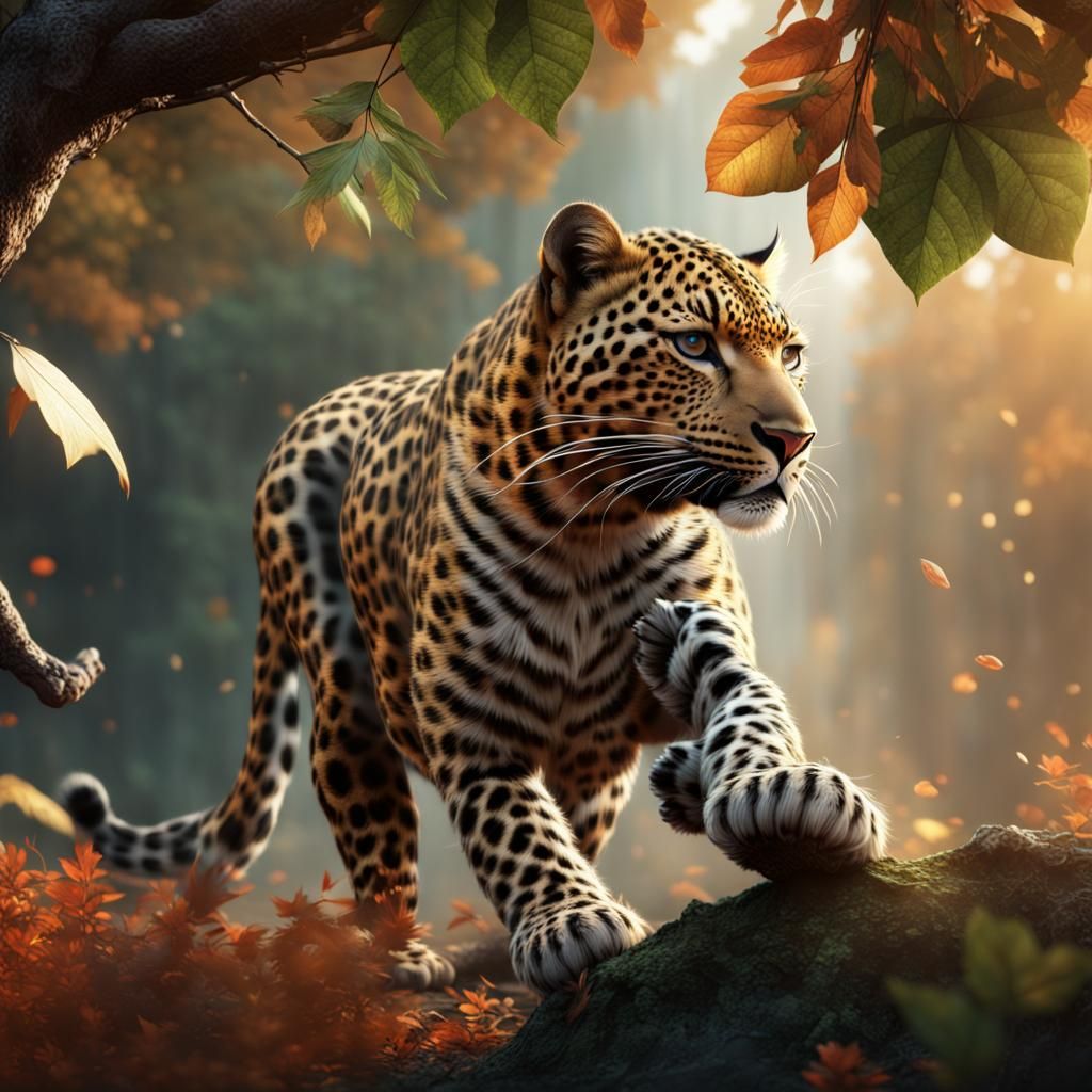 Leopard Playing in Leaves: Detailed Matte Painting