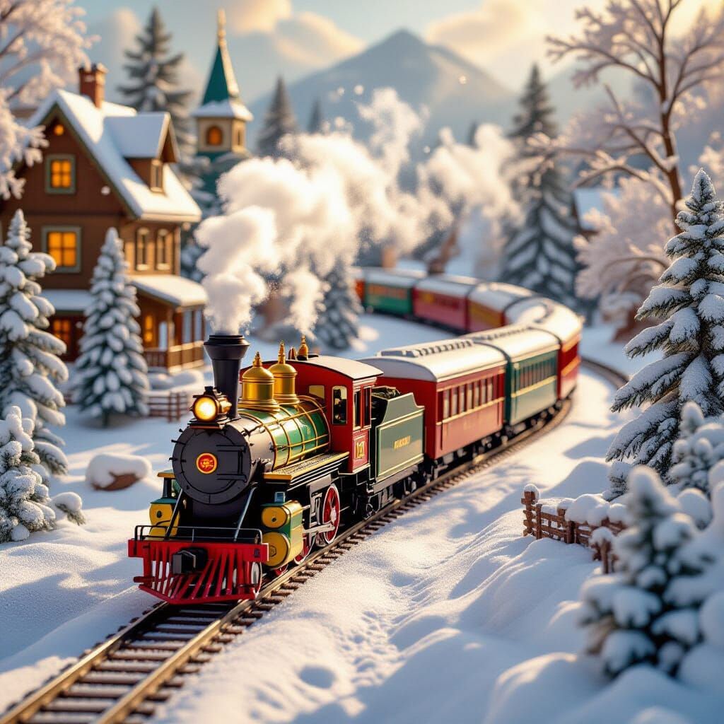 Rainbow Train in Magical Winter Scene