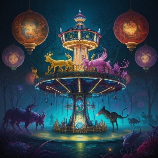 Fantastical Carousel with Whimsical Creatures in Dreamy Ligh...