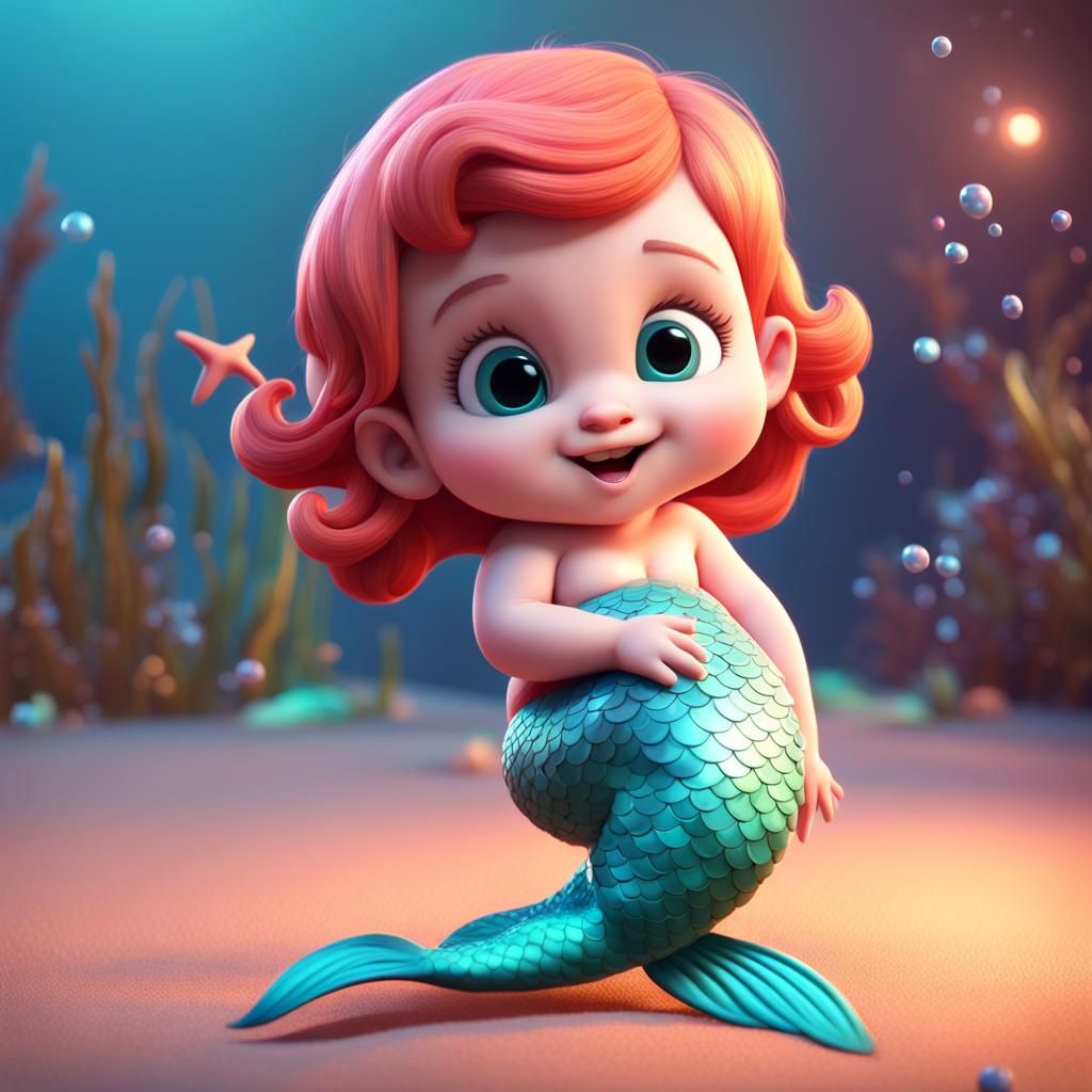 Adorable Baby Mermaid in 3D Digital Art Style