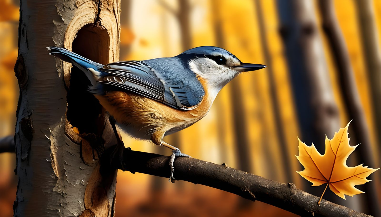 Cute Nuthatch on Autumn Day in Wood Clearing