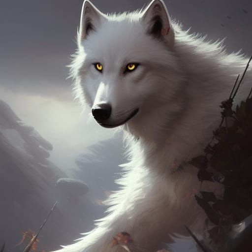 Cute White Wolf with Rose Gold, Dark Fantasy Art