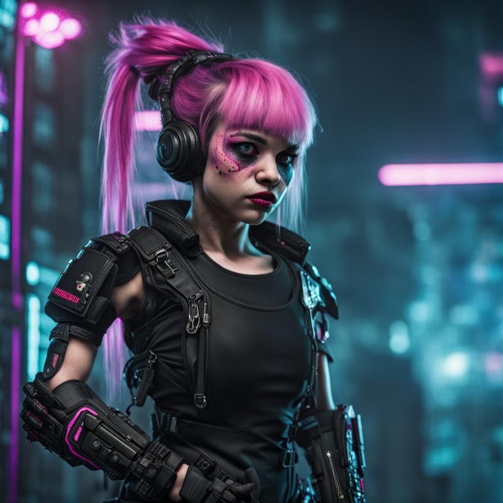 Cyberpunk Midget Female Character in Urban Setting