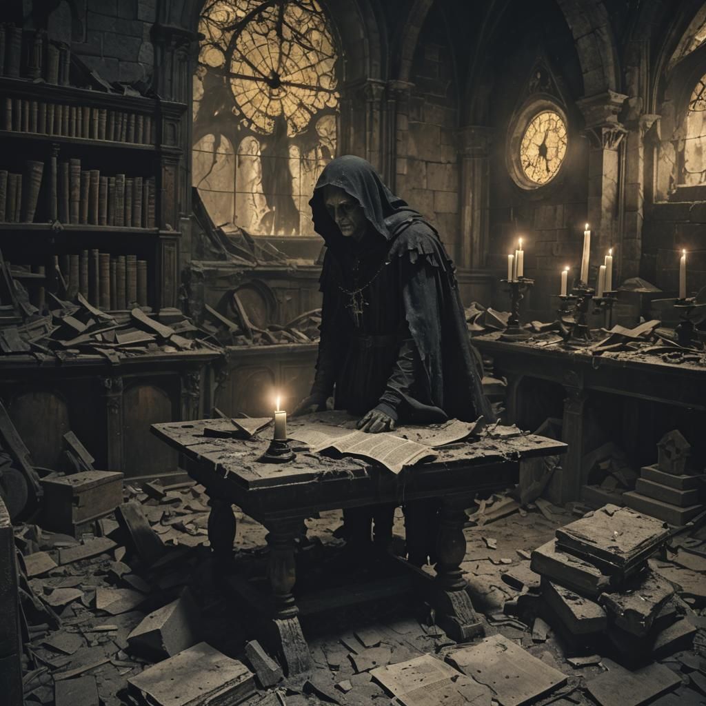 Eerie Figure in Abandoned Cathedral, Dark Fantasy Style