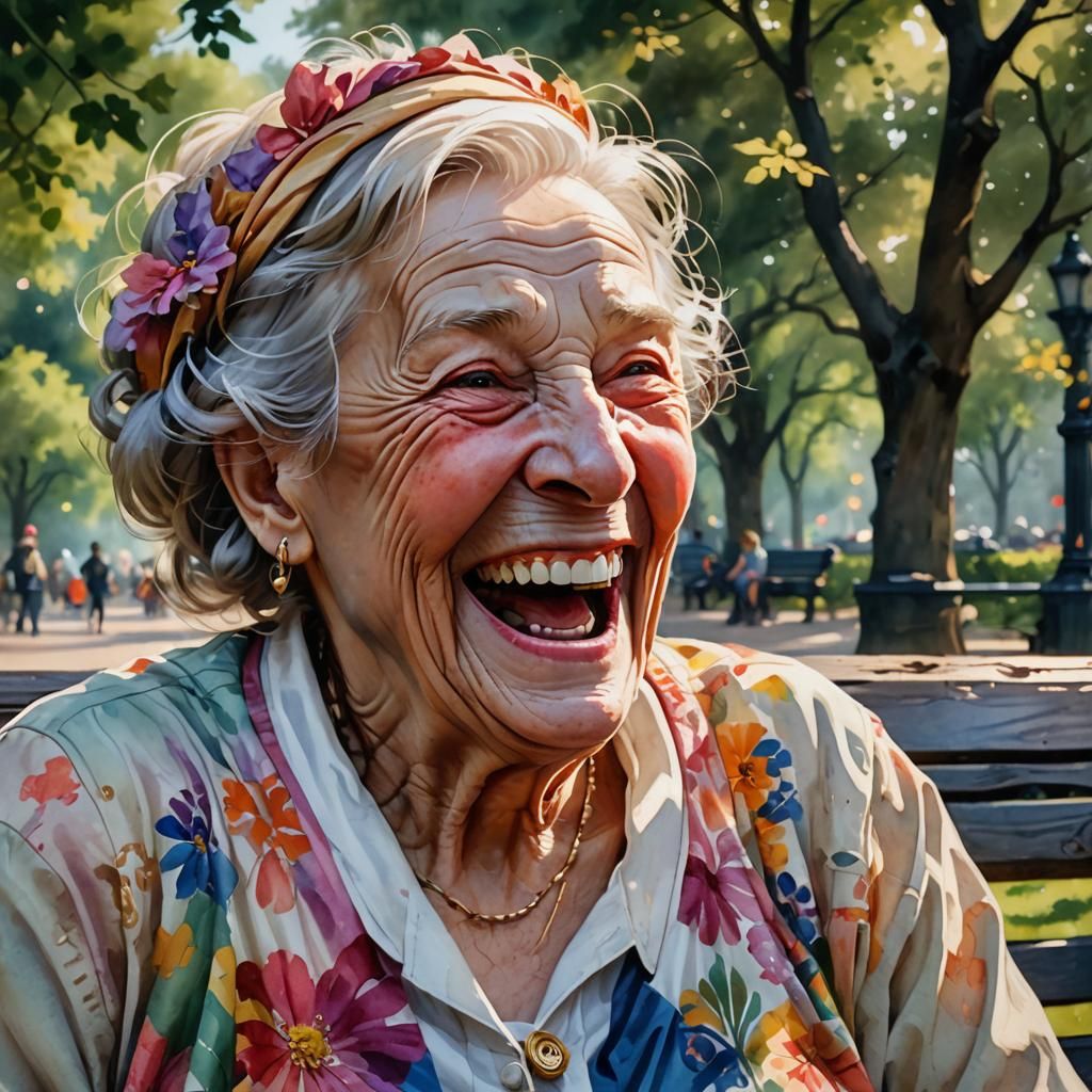 Laughing Old Woman Portrait in Watercolor Style