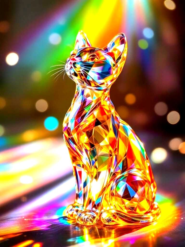 Elegant Glass Cat Figurine with Rainbow Prism Light