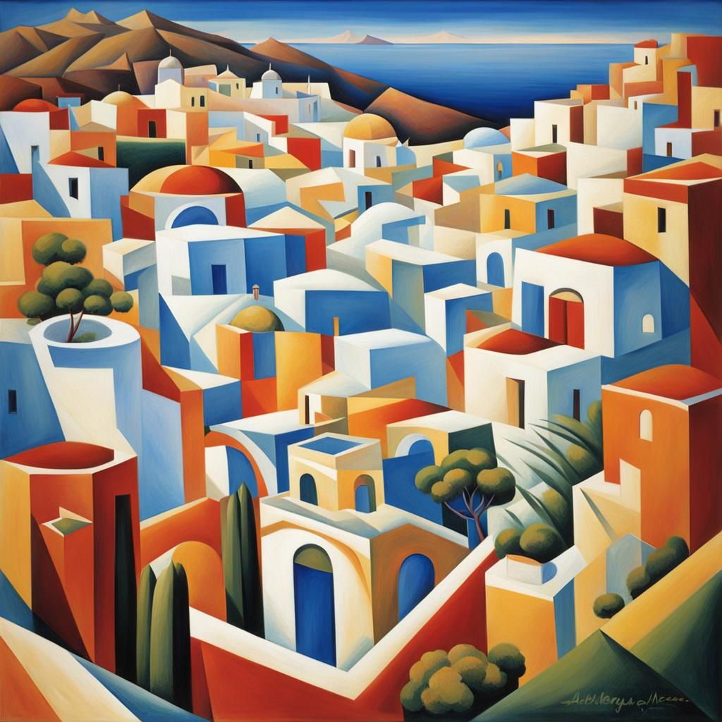 Abstract Cubist Santorini Inspired by Gleizes