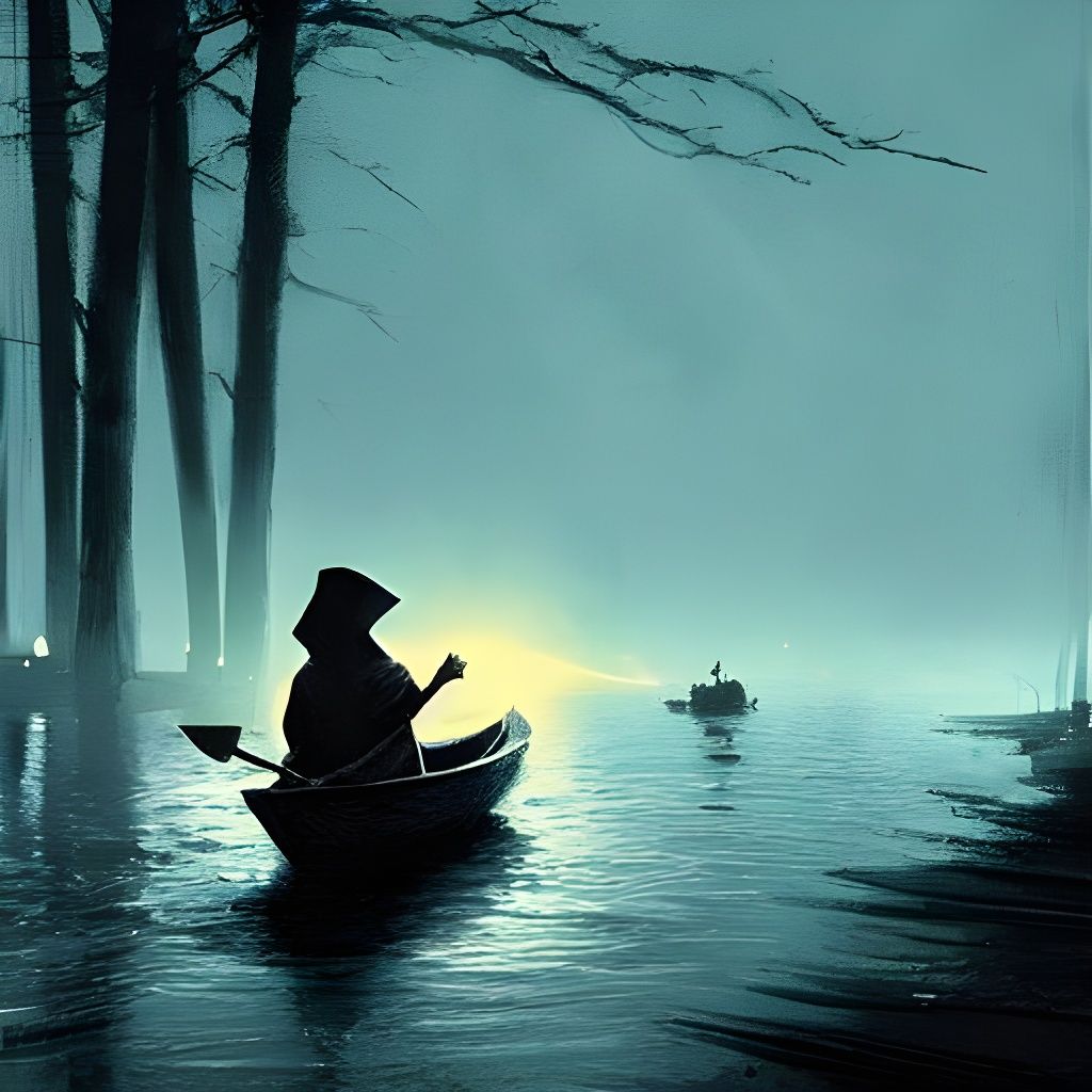 Sinister Scarecrow Drifting Down a Dark River