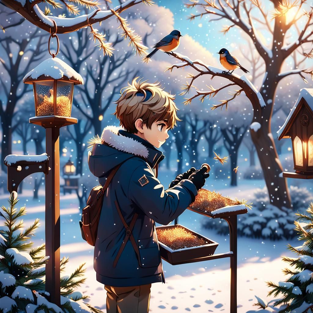 Winter Scene of Boy Photographing Bird Feeder in Park, in Be...