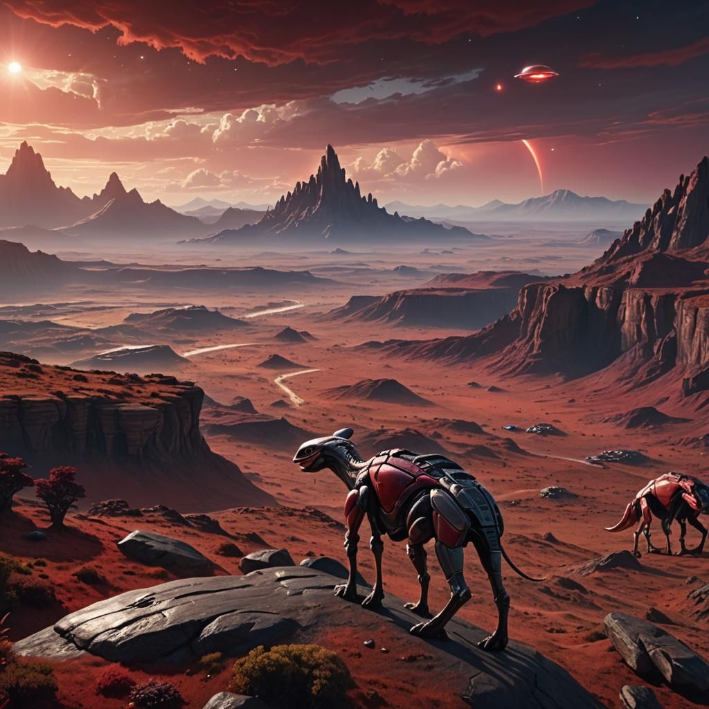 Sci-Fi Alien Landscape with Red Dwarf Star in 4K