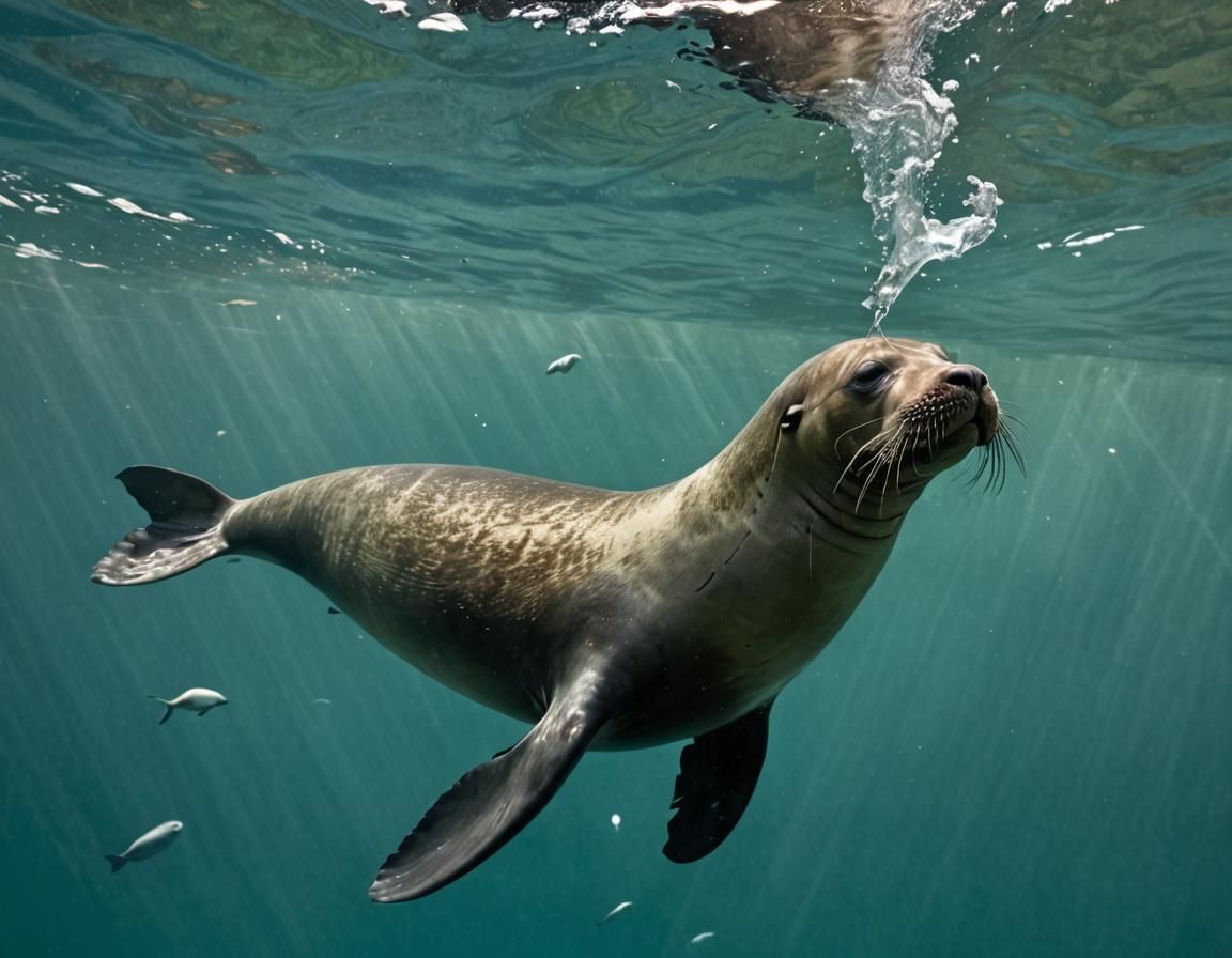 Sealion Swimming Underwater with Bubbles