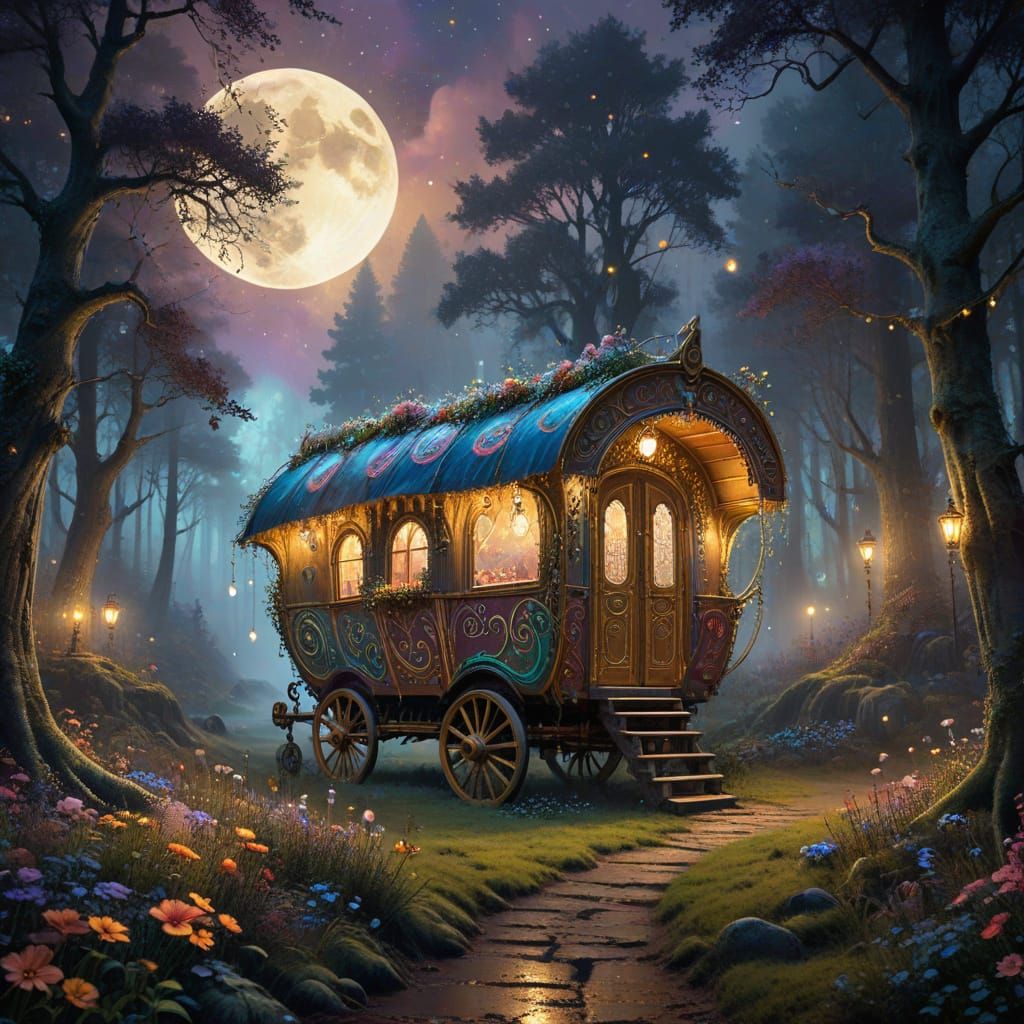 Enchanted Forest Gypsy Caravan in Magical Night