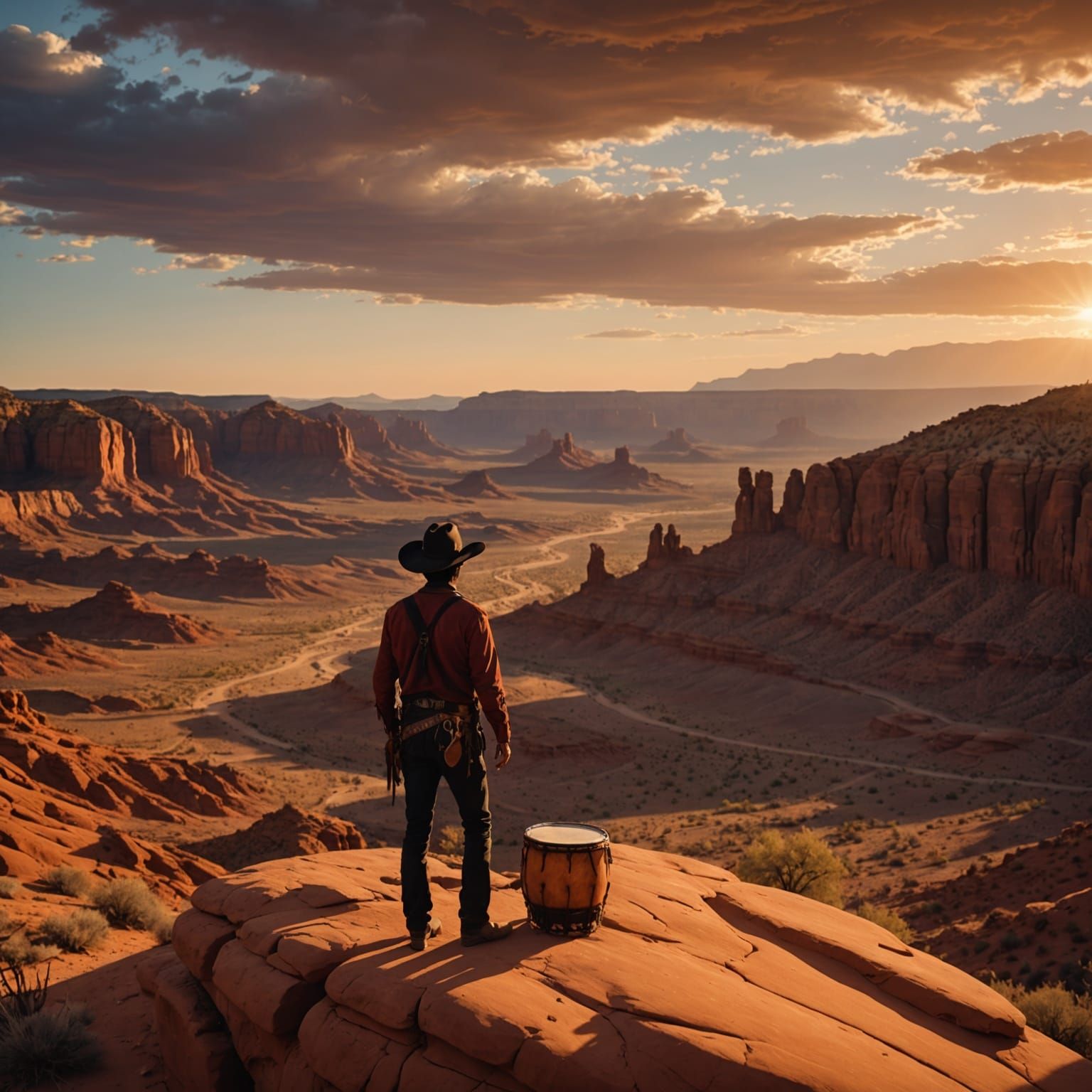 Lone Cowboy in Arizona Desert at Sunset, Cinematic Western L...