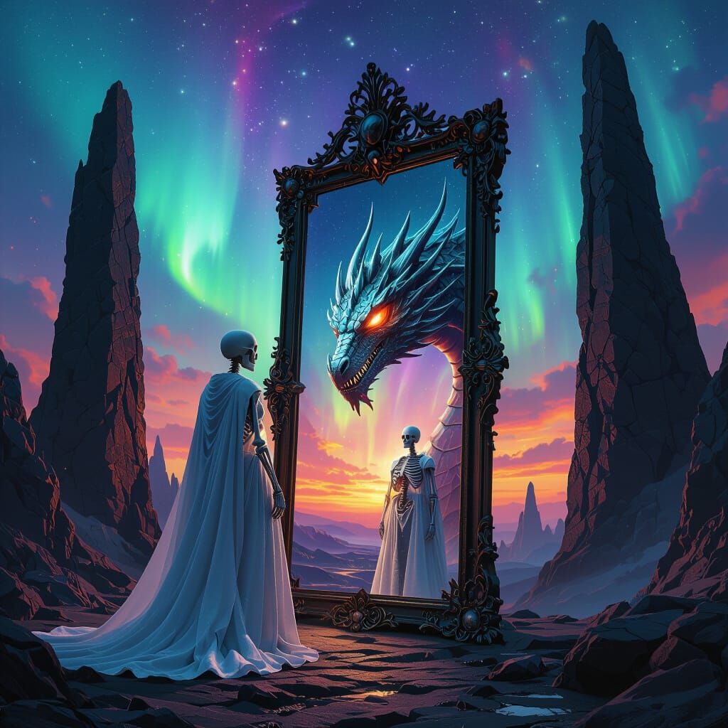 Skeleton King and Dragon Mirror Under Aurora Sky