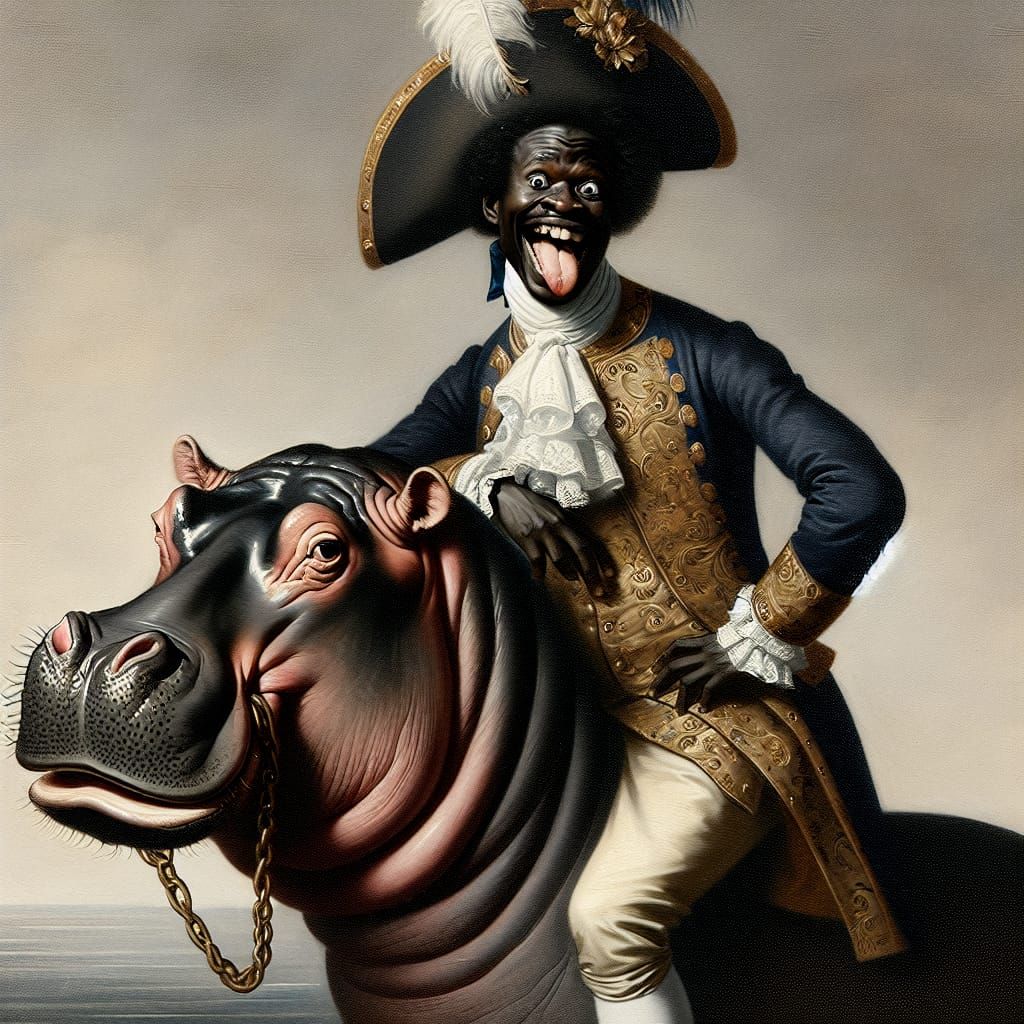Humorous Aristocrat Atop Hippo in Ducreux Style
