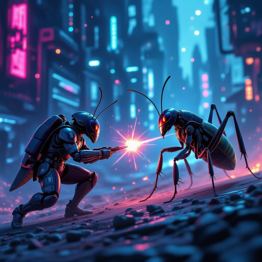 Ninja Ants Fight Space Cricket in Sci-Fi Galaxy