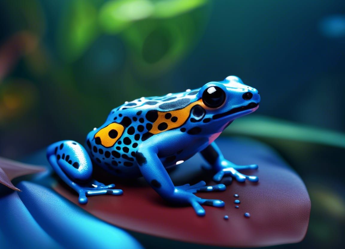 Hyperrealistic Poison Dart Frog on Blue Leaf