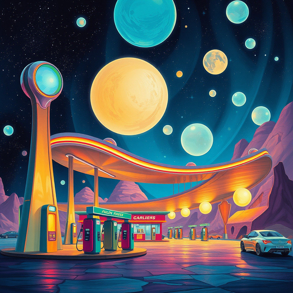 Alien Gas Station in Impressionist Cubist Style