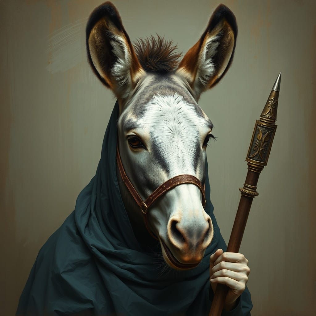 Whimsical Donkey Warrior in a Stormy Sapphire Haze