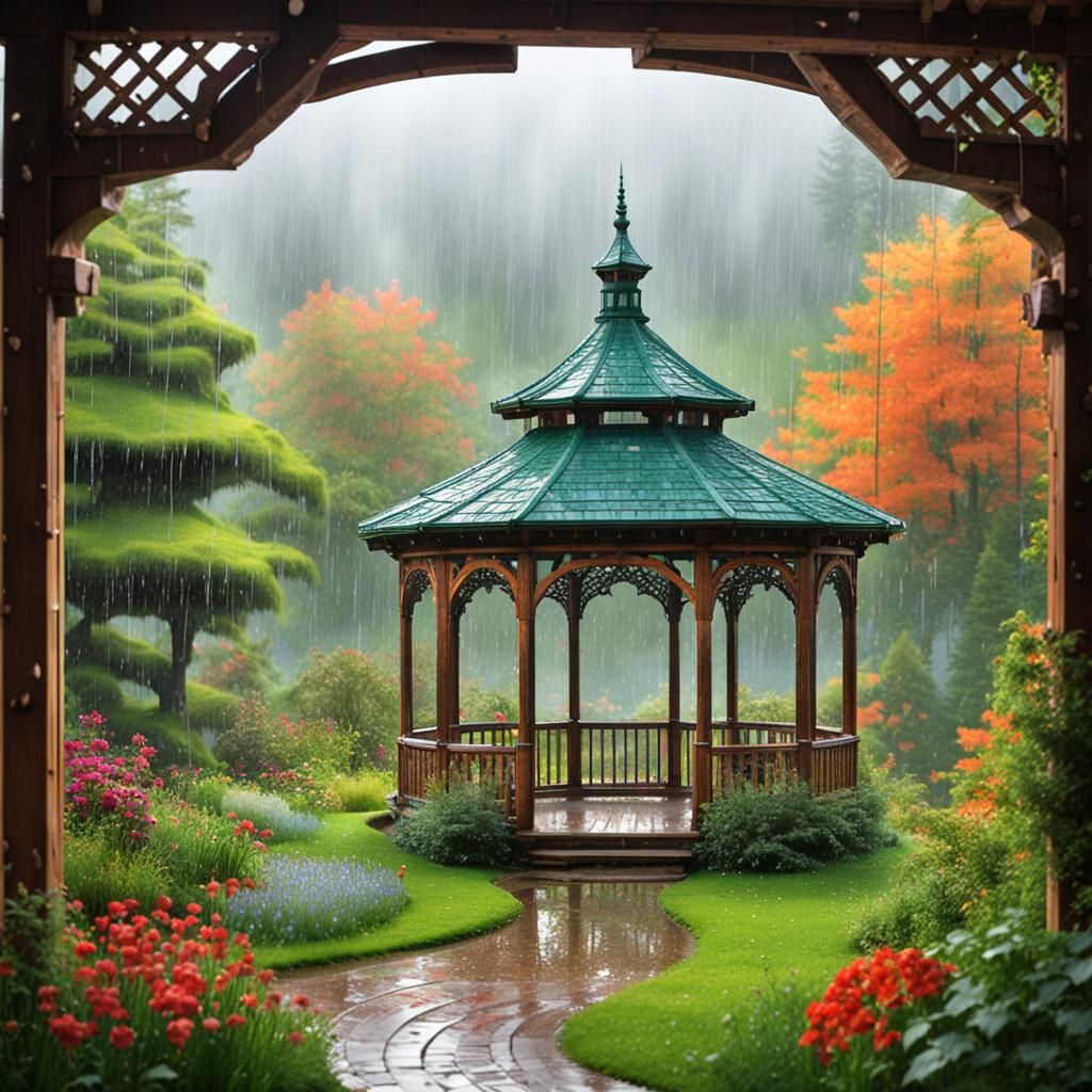 Rainy Garden View from Gazebo, Oil Painting