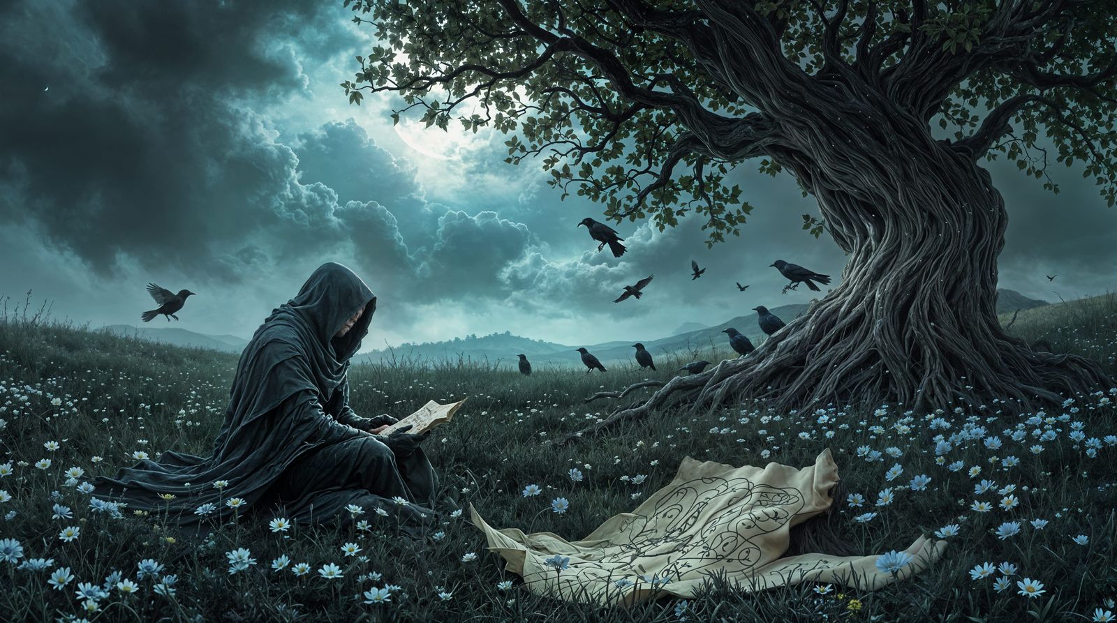 Moonlit Traveler in a Haunting Storm Landscape