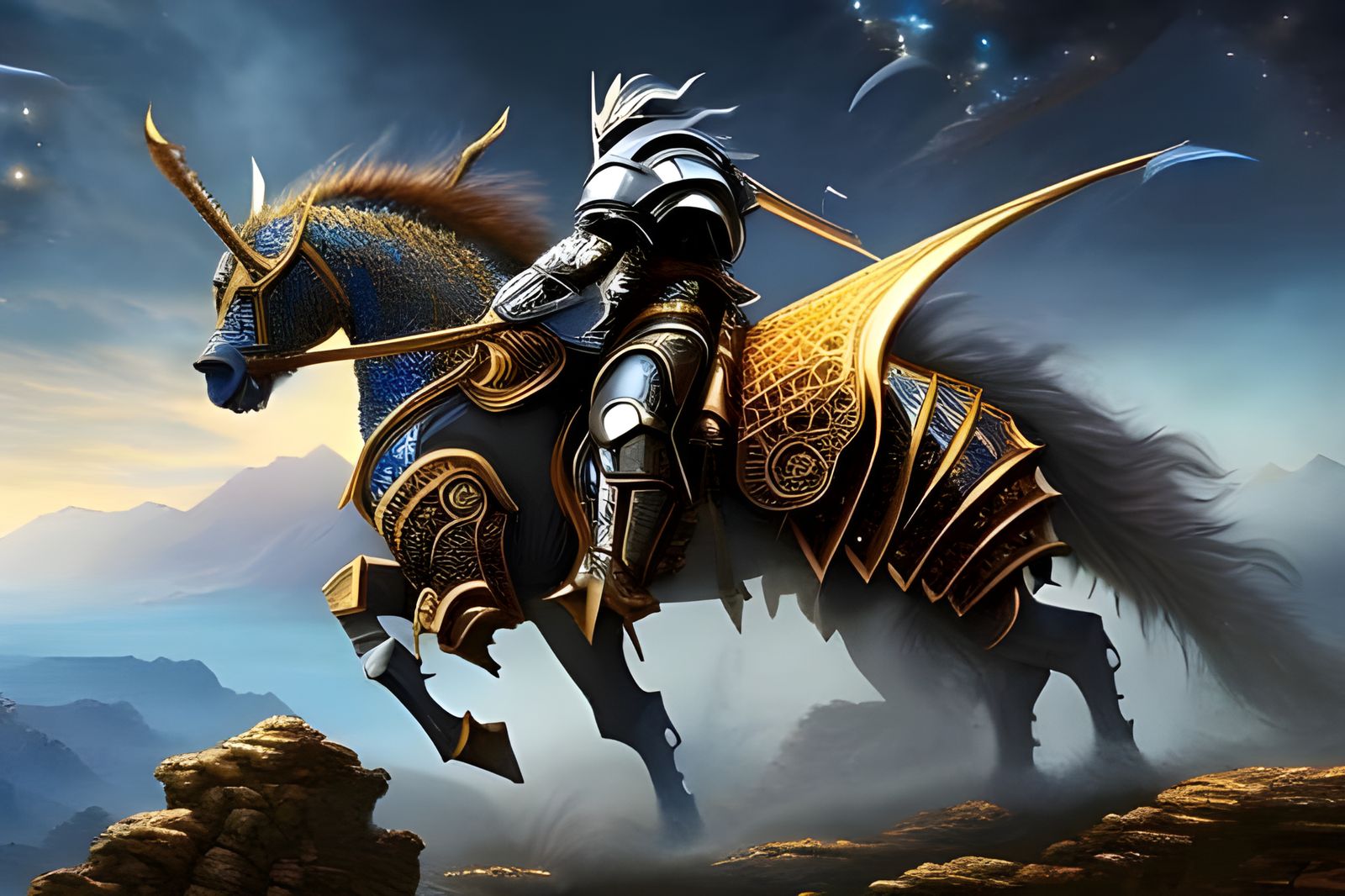 Knight and Unicorn Portrait with Ornate Armor