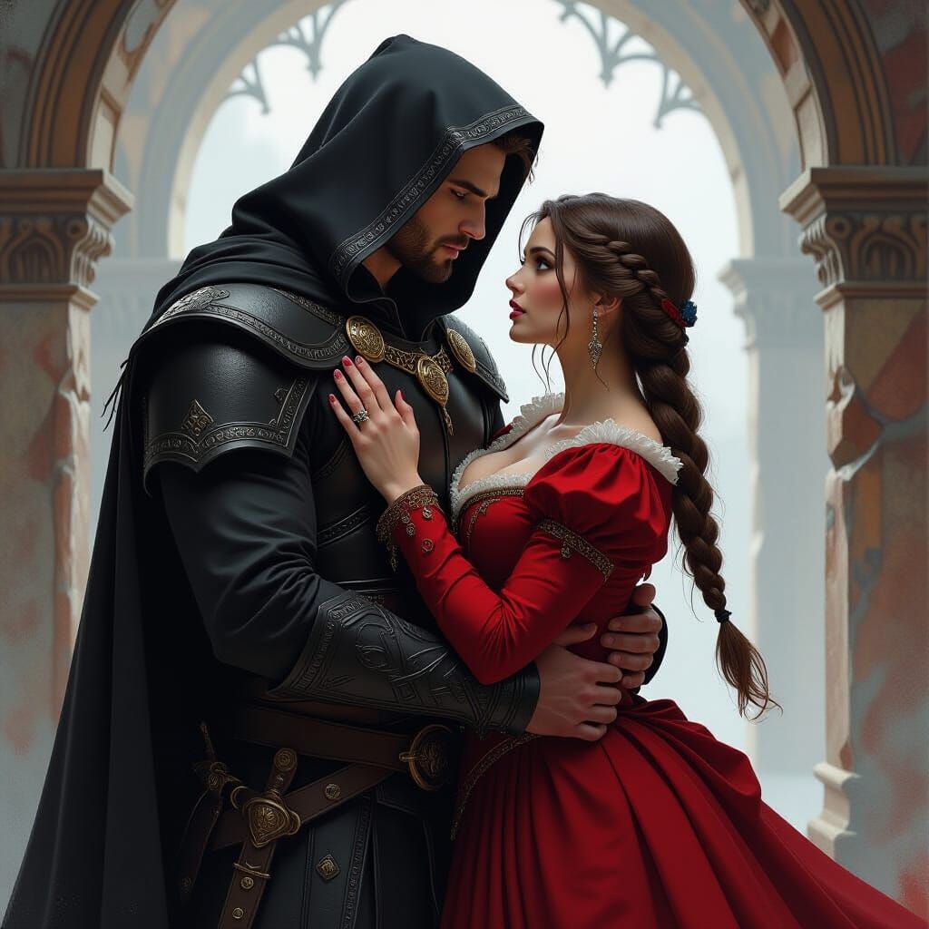 Medieval Warrior Holds Surprised Woman in Dramatic Fantasy A...