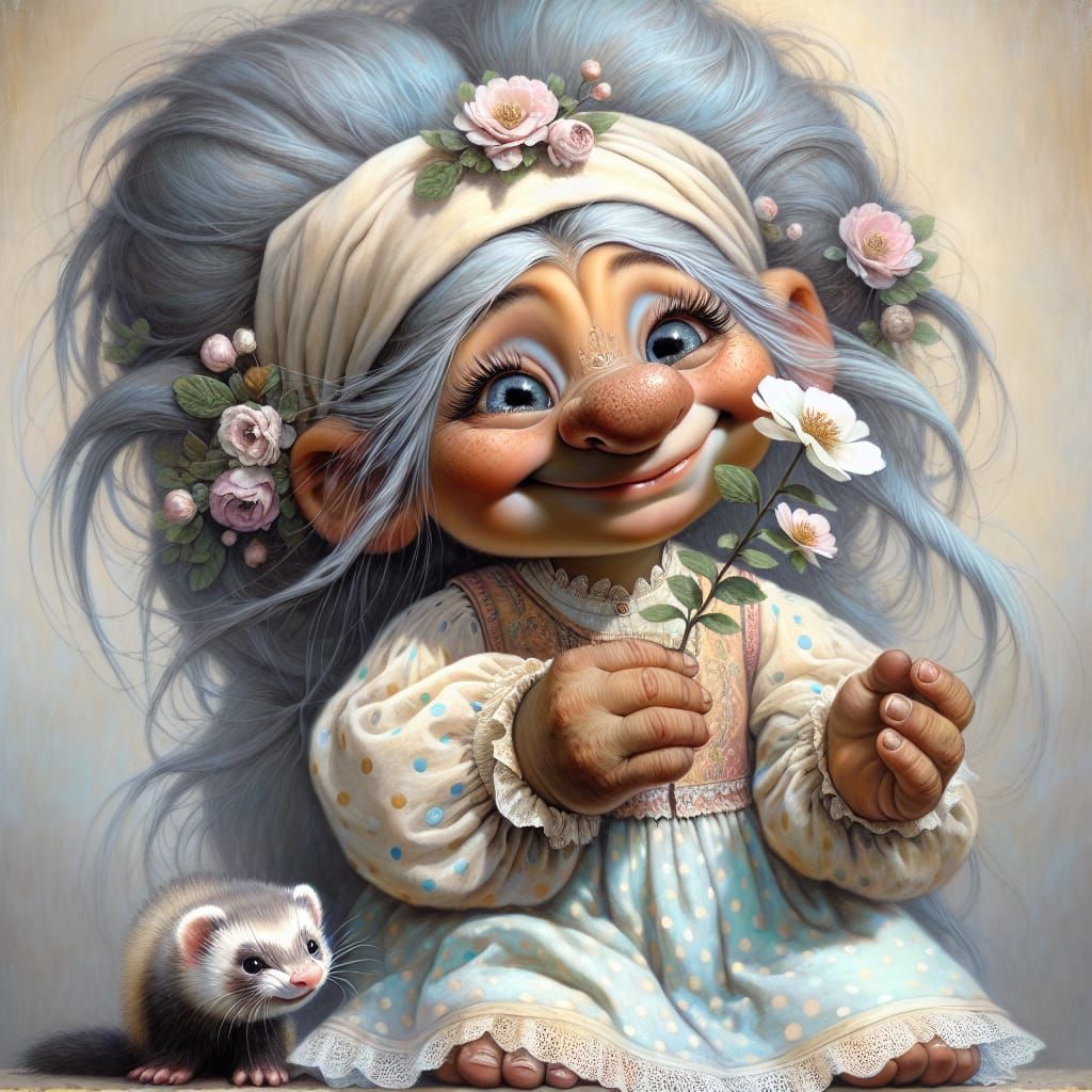 Whimsical Troll Girl with Ferret Companion, Hyper-Realistic ...