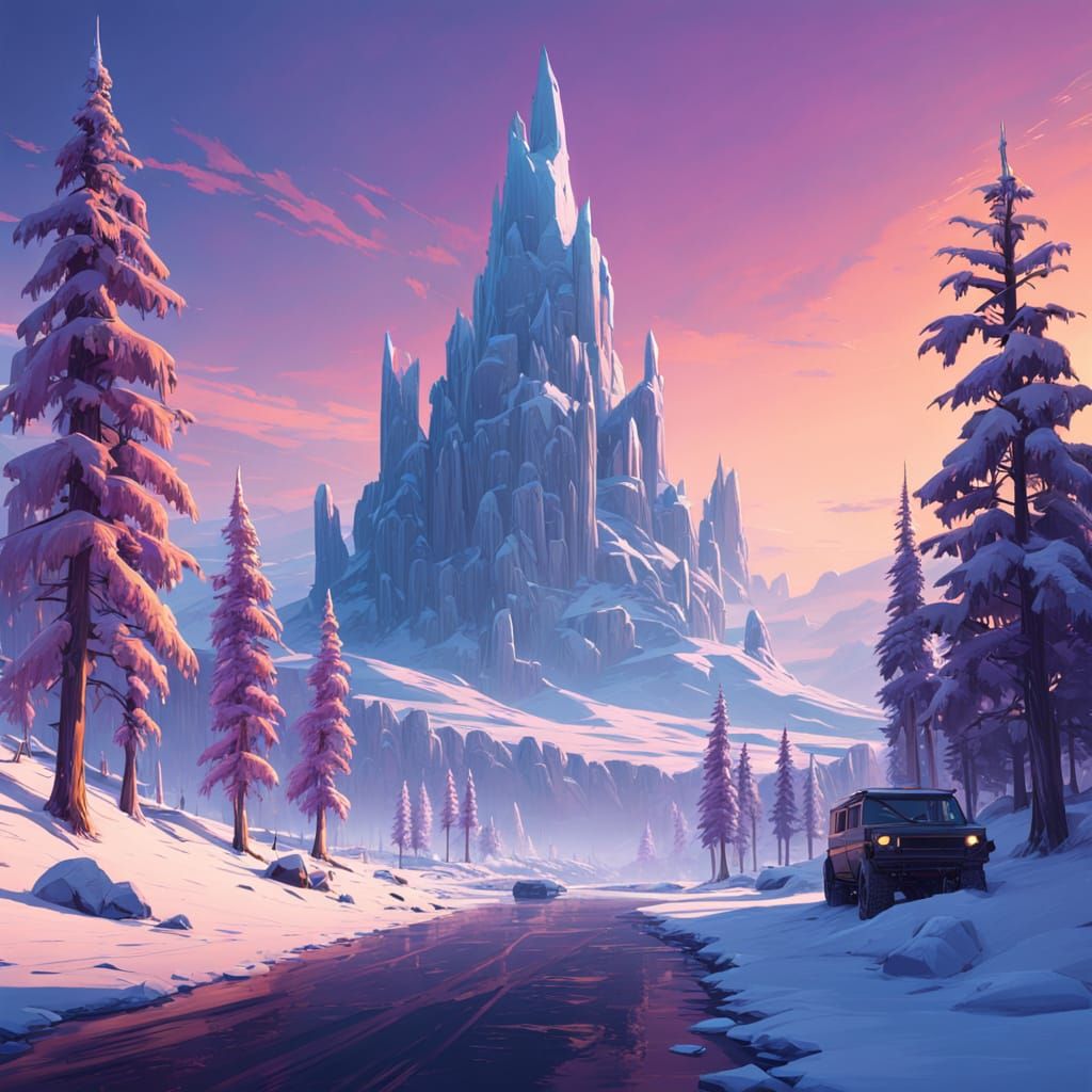 Surreal Winter Wonderland in Vibrant, High-Contrast Colors