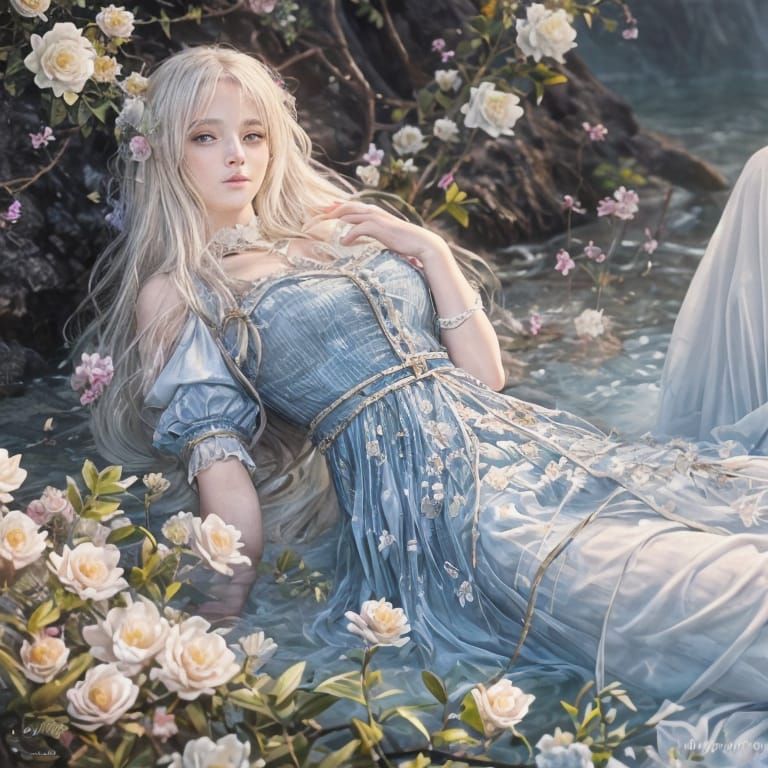 Anime Girl with Flowers in Water