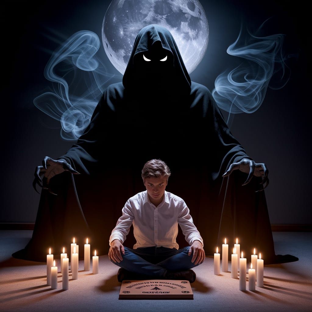 Eerie Seance: Shadow Figure Emerges in Dark Room