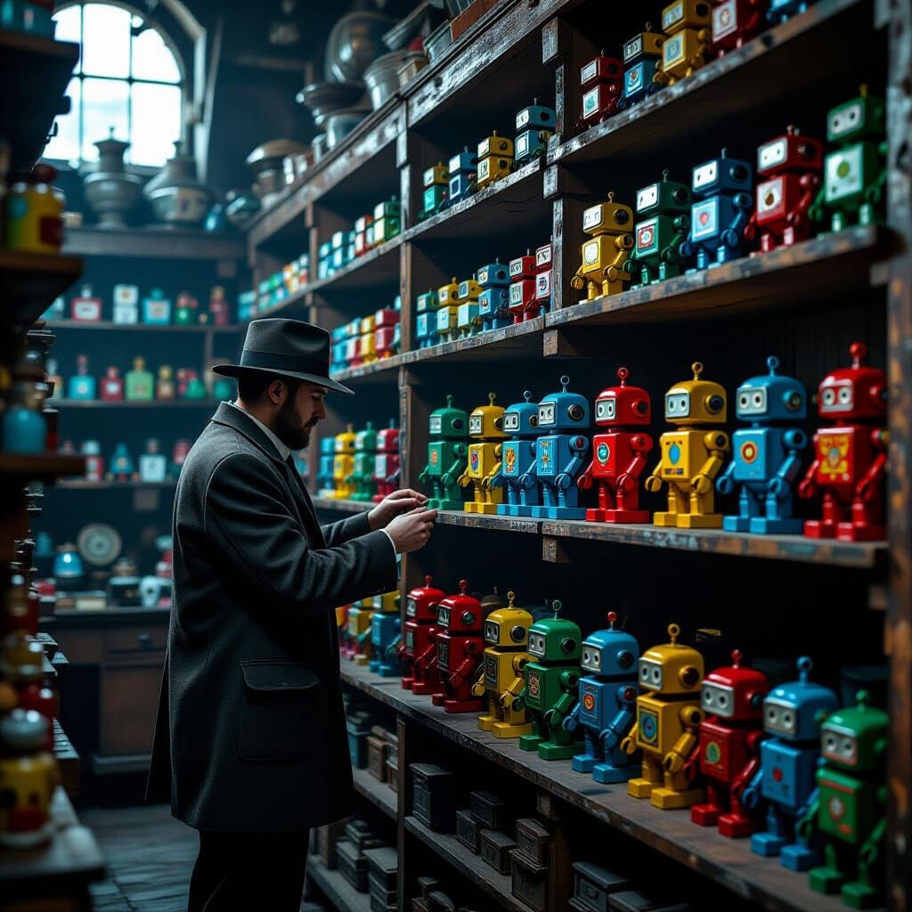 The Collector Arranges Vintage Toy Robots in Antique Shop