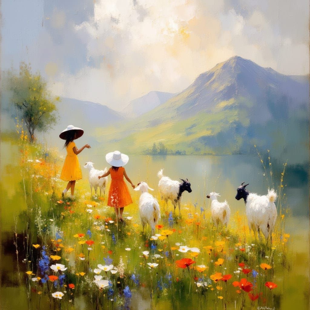 Impressionist Scottish Hillside with Goats and Girls