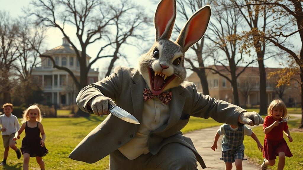 "Say, that large Bunny rushing towards us with a knife seems a bit, umm.... "