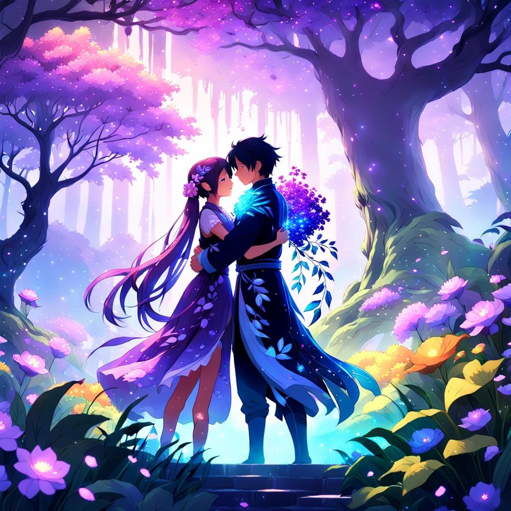 Anime Couple in a Fantasy Garden