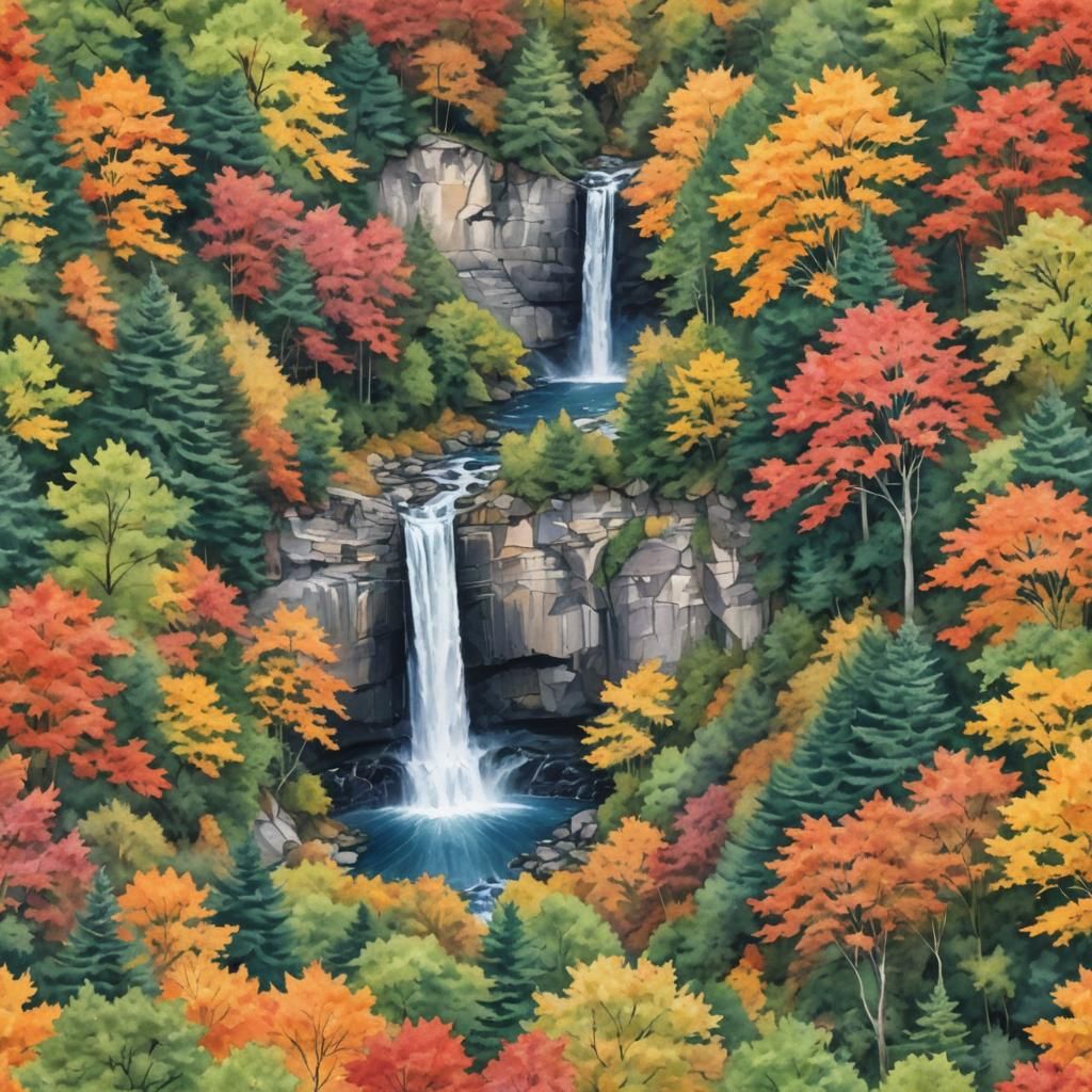 Autumn Waterfall in Watercolor