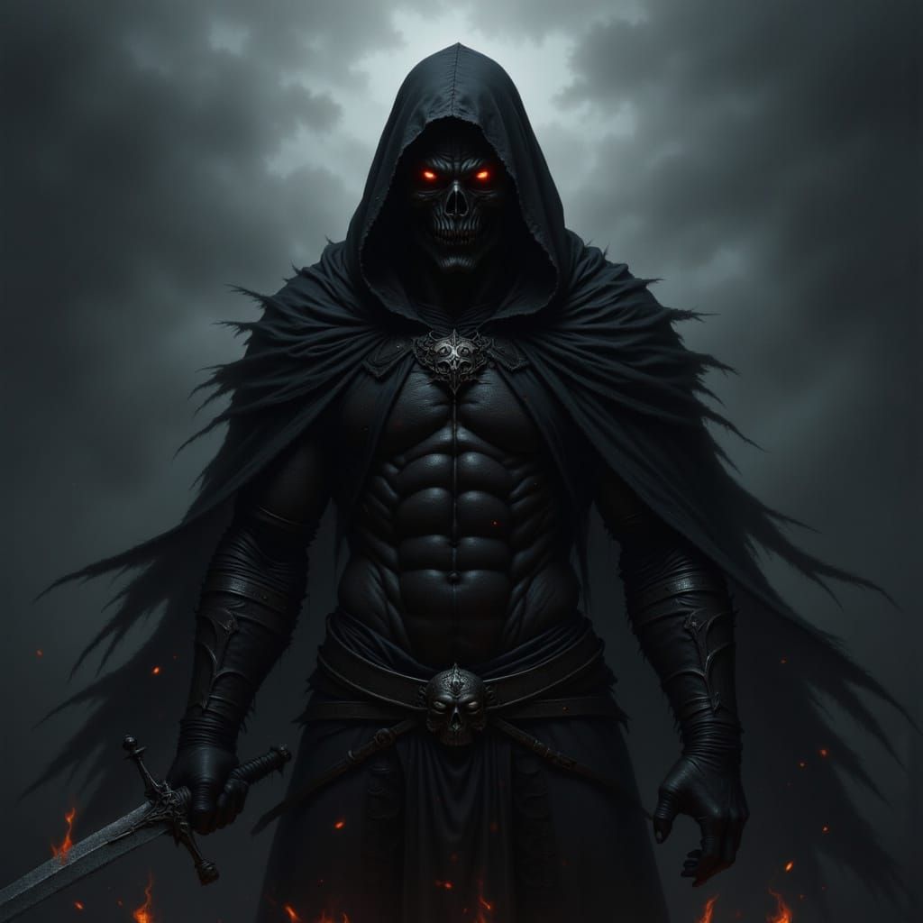 Shadow God Emerges from Mist with Fiery Sword