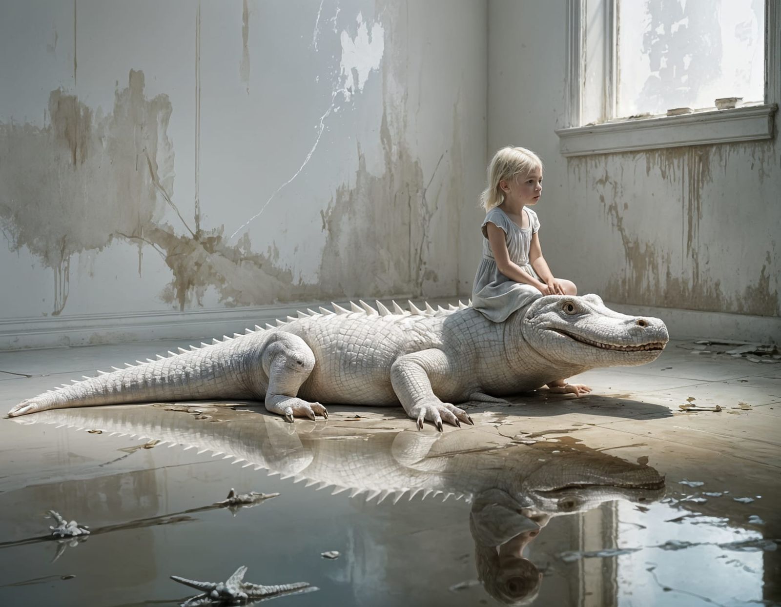 Whimsical Oil Painting of Albino Alligator in White Room