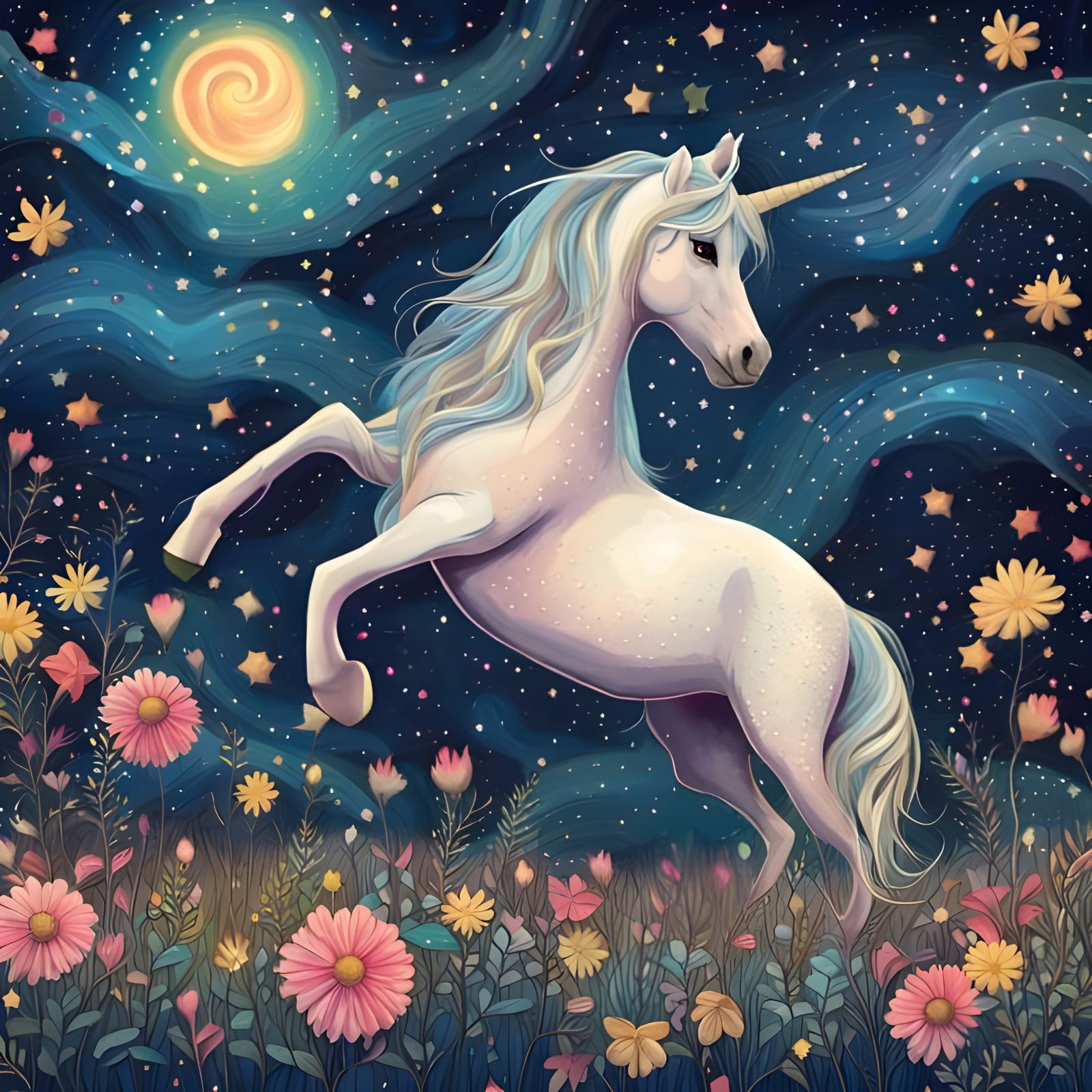 Unicorn in Starry Night Field