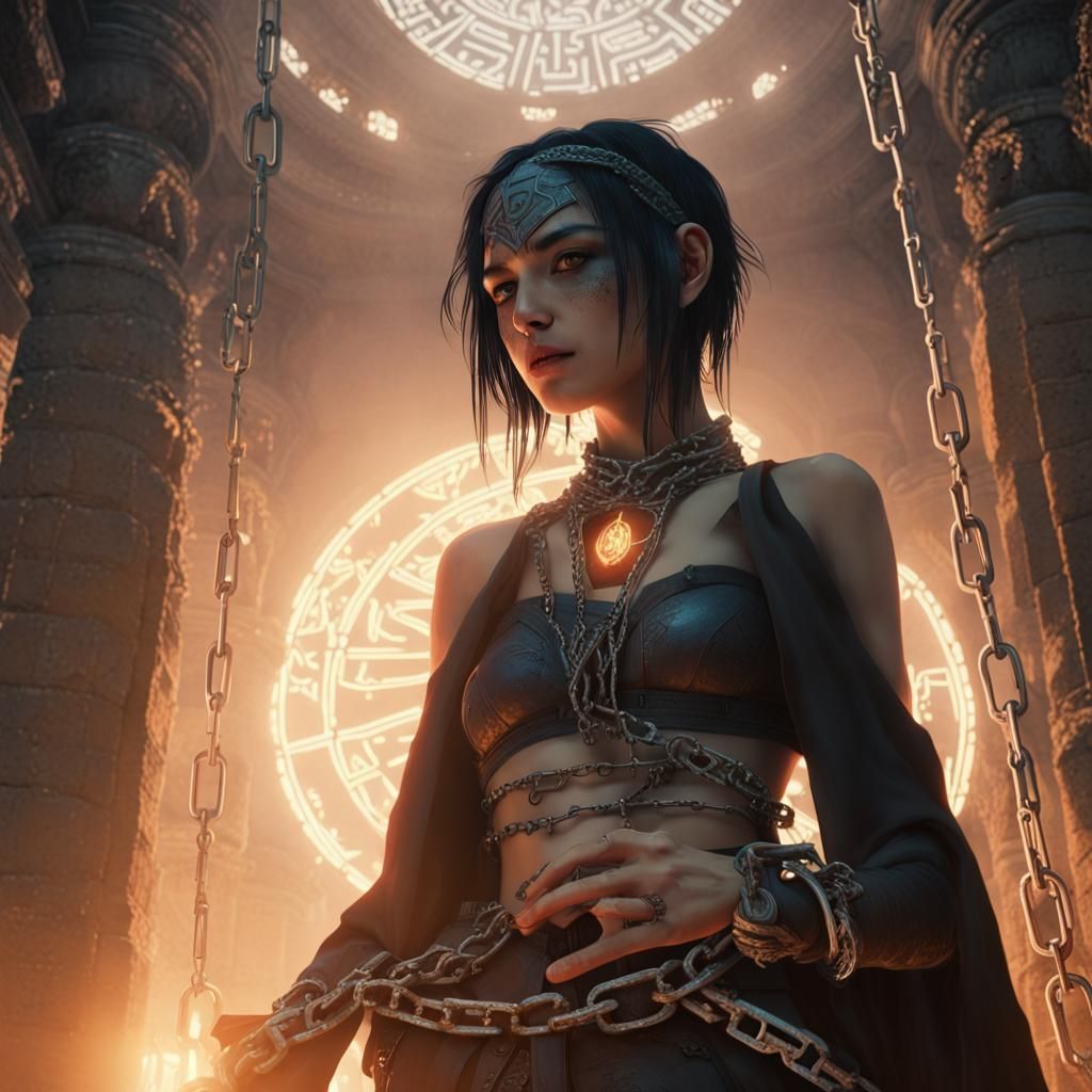 Powerful Witch with Glowing Runes in Ancient Temple