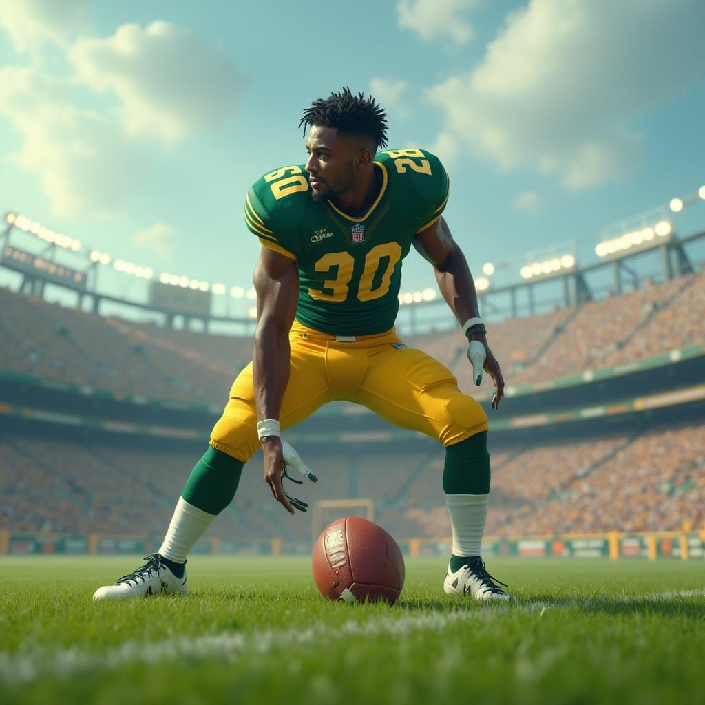 Hyperrealistic Football Athlete in Action on Lush Green Fiel...