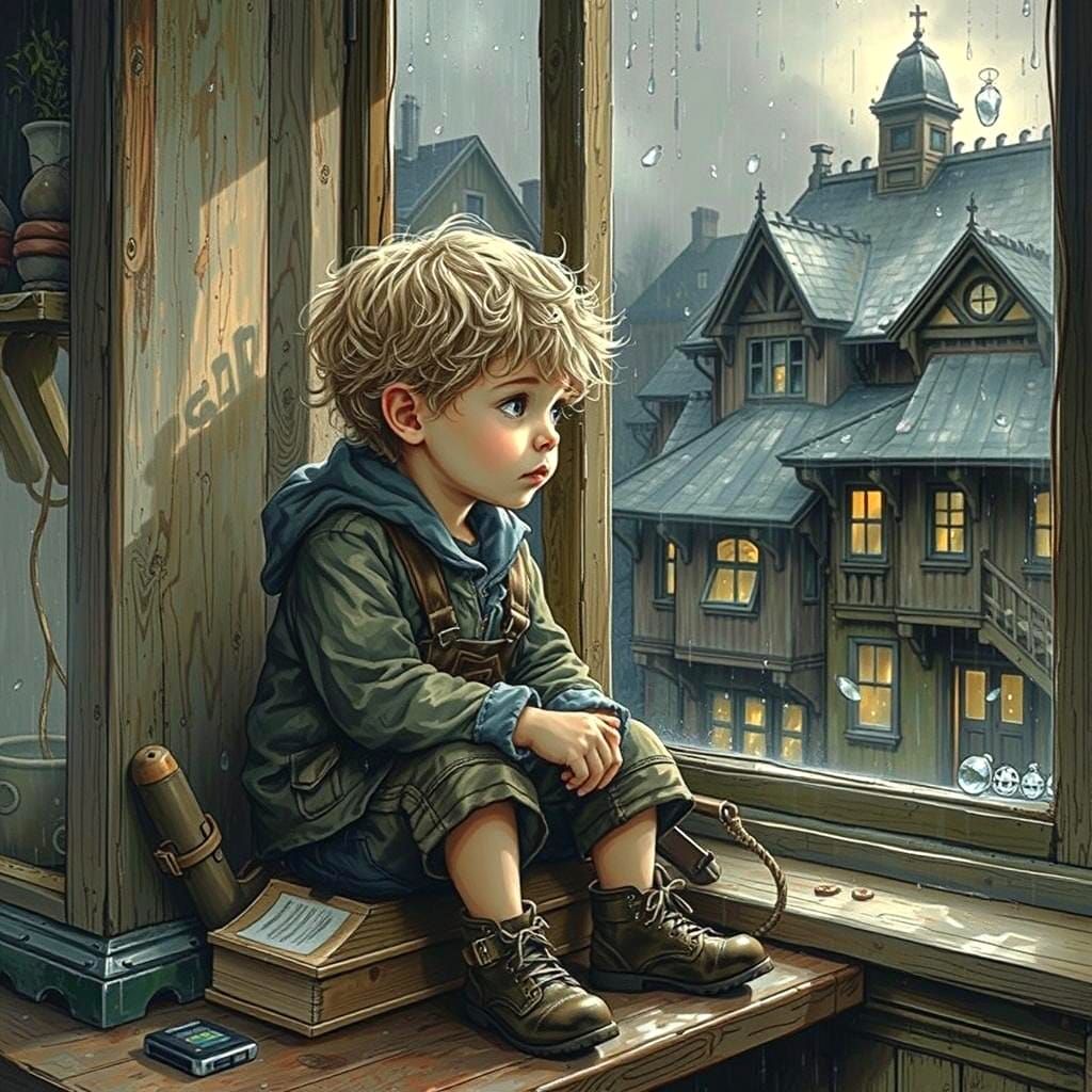 Toddler Watching Rain, Expressive Illustration