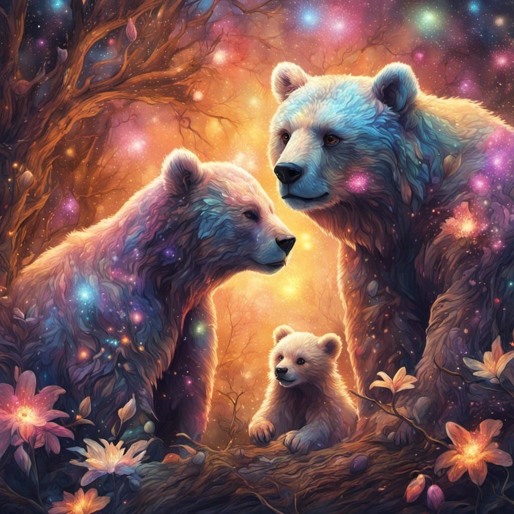 Rainbow Winged Bear Family in Surreal Treehouse