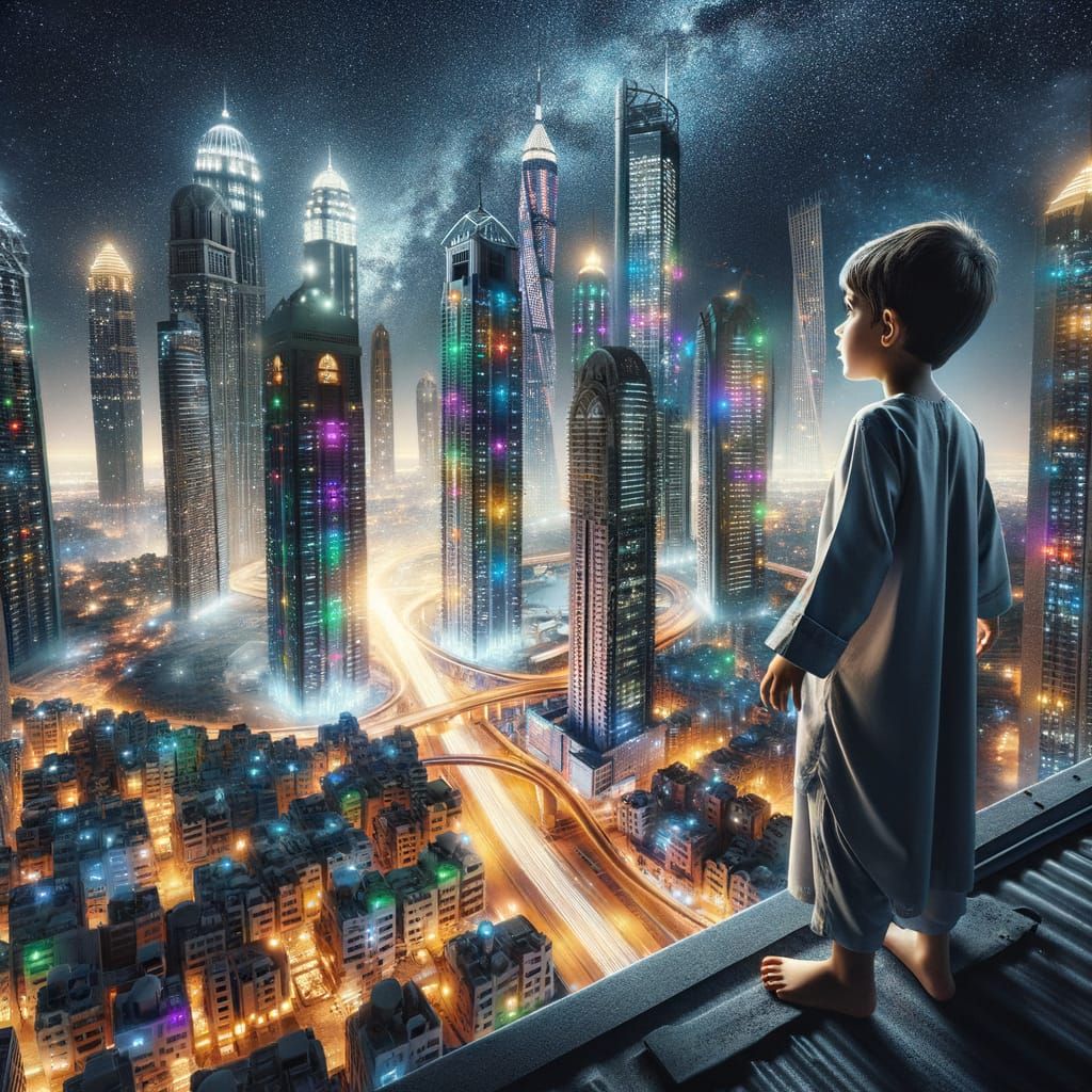 Child Gazes at Sparkling City Lights on Rooftop