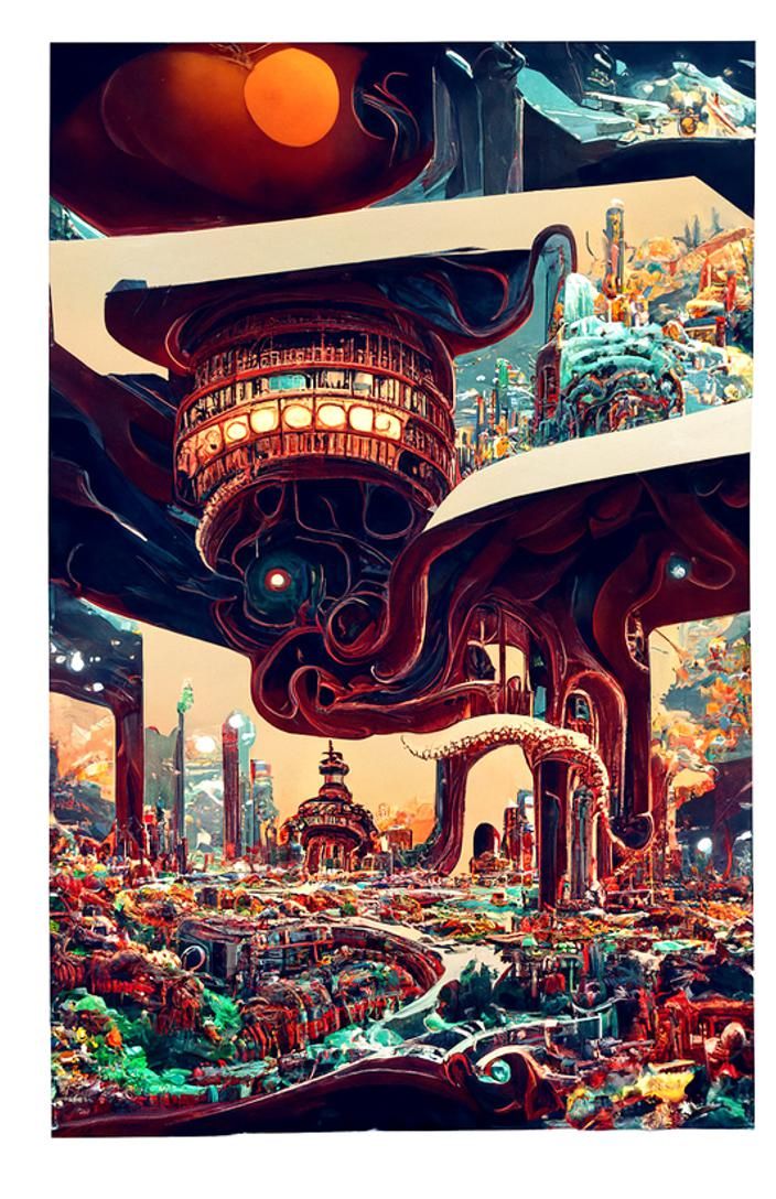 A Strange Heavenly Temple in a Kinetic Pointillism style