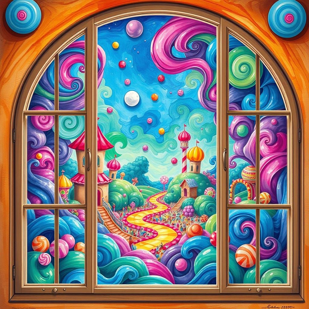 Surreal Jelly Candy Wonderland Through a Vibrant Window