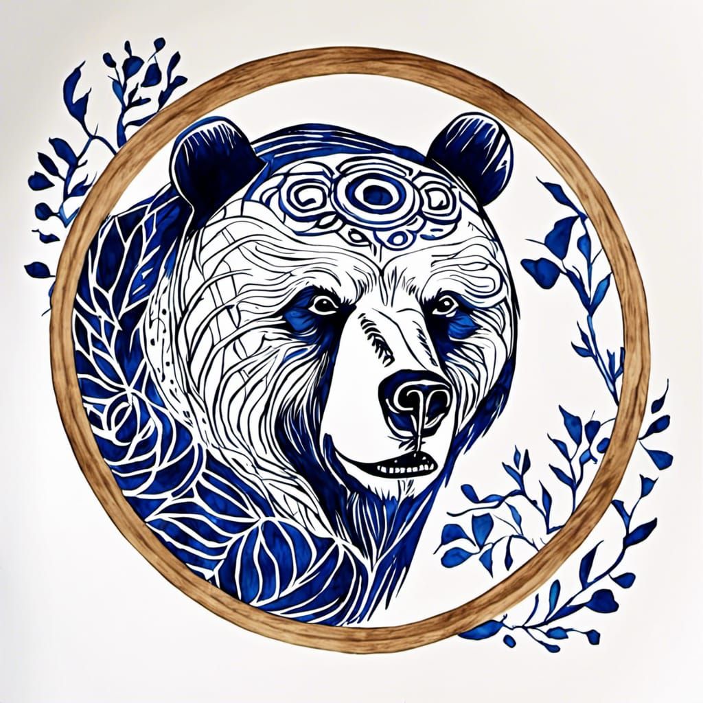 Traditional Chinese Bear Head Art in Indigo Ink